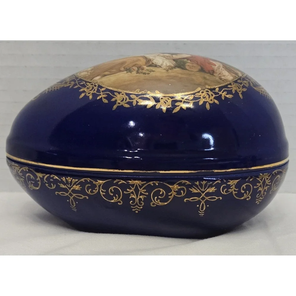Vtg Cobalt Blue Porcelain Egg Trinket Box Romantic Courting Couple Gold Filagree